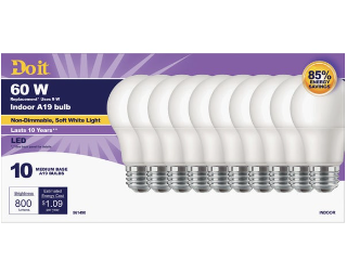 LED 60W Soft White A19 Light Bulb, 10 Pk