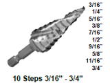 High Speed Steel Drill Bit 10 Steps, 3/16 In - 3/4 In